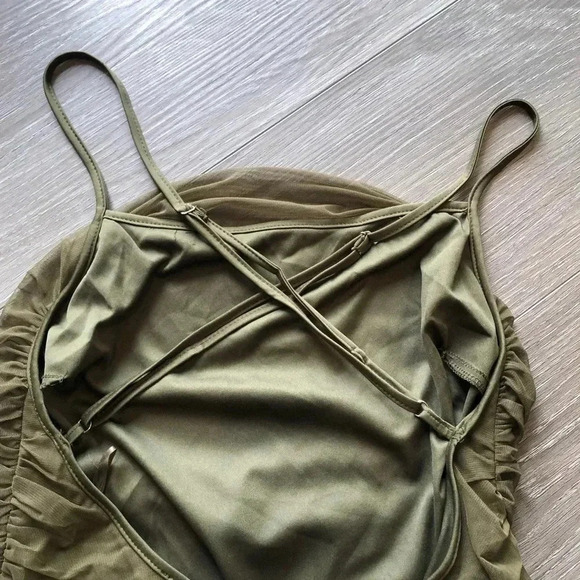 MISSGUIDED Mesh Ruched Dress Open Back Dress Dark Green Size 10 - Picture 9 of 10